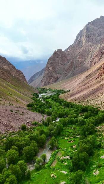 Aerial view of the lush valley near Qullai Vudor Tajikistan. Aerial view of the lush valley near Qullai Vudor Tajikistan.