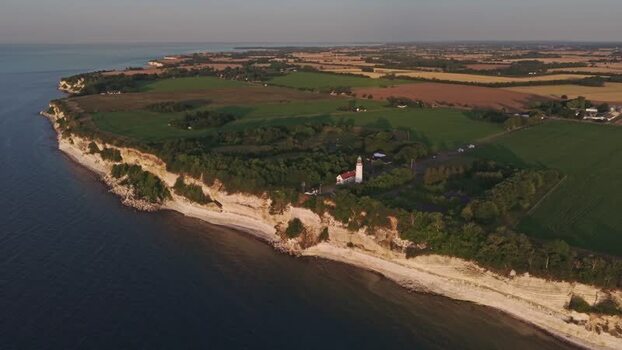 Aerial view of Stevns Klint and historic church Denmark.