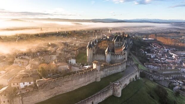 Aerial view of Carcassonne fortress in France.