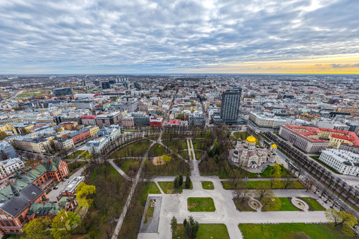 Aerial view of the Nativity of Christ Cathedral surrounded by lush parkland and the historic urban cityscape of Riga Latvia. Aerial view of the Nativity of Christ Cathedral surrounded by lush parkland and the historic urban cityscape of Riga Latvia.