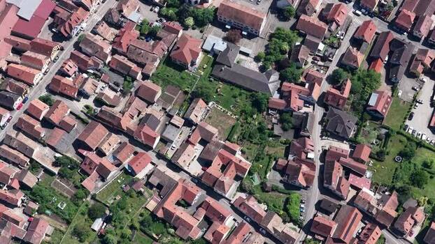Aerial view of historic rooftops in Selestat France.
