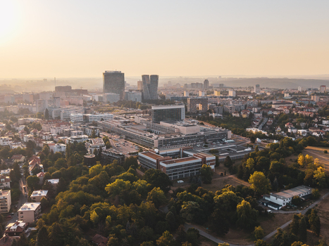 Aerial view of the Czech Television headquarters complex surrounded by urban greenery and residential buildings in Prague Prague Czechia. Aerial view of the Czech Television headquarters complex surrounded by urban greenery and residential buildings in Prague Prague Czechia.