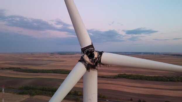 Aerial view of damaged wind turbine in Vladimirovac Serbia.