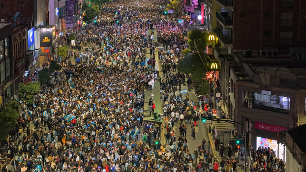 Buenos Aires Argentina 15 July 2026 Aerial view of a massive crowd celebrating in the streets of Belgrano at the Cabildo and Juramento intersection after a football match. Buenos Aires Argentina 15 July 2026 Aerial view of a massive crowd celebrating in the streets of Belgrano at the Cabildo and Juramento intersection after a football match.