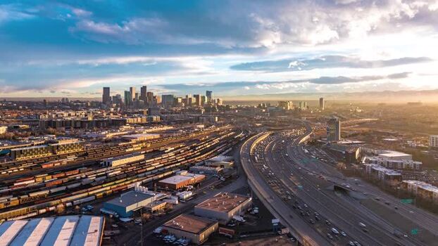 Aerial view of Denver skyline and highway United States.