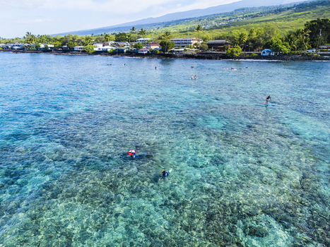 Aerial view of Kahalu u Beach Park featuring clear turquoise water a vibrant coral reef and people snorkeling near the shoreline in Kailua Kona Hawaii United States. Aerial view of Kahalu u Beach Park featuring clear turquoise water a vibrant coral reef and people snorkeling near the shoreline in Kailua Kona Hawaii United States.