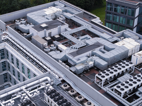 Aerial view of the complex HVAC and cooling systems installed on the rooftop of a modern data center facility in Krakow Lesser Poland Voivode Poland.
