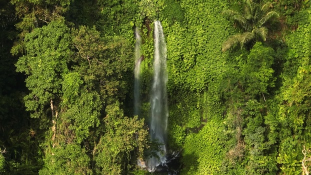 Aerial view of a tall waterfall cascading down a lush green cliffside surrounded by dense tropical rainforest in Lombok West Nusa Tenggara Indonesia.