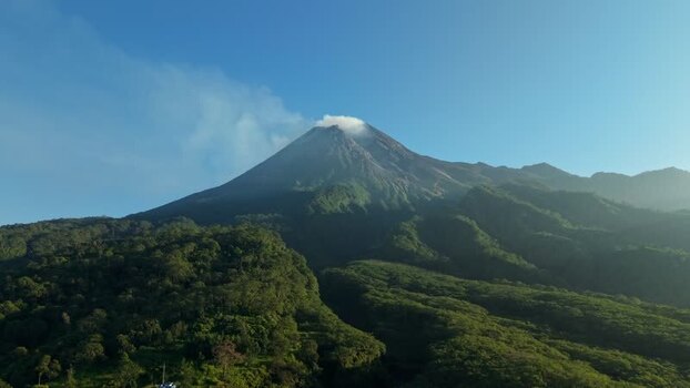 Aerial view of Mount Merapi and Bunker Kaliadem Indonesia.