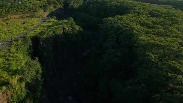 Aerial view of the Ravine Kali Gendol River Mount Merapi near Bunker Kaliadem Merapi Indonesia.