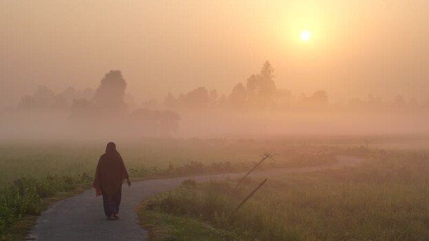 View of a person walking through a foggy landscape Bangladesh.