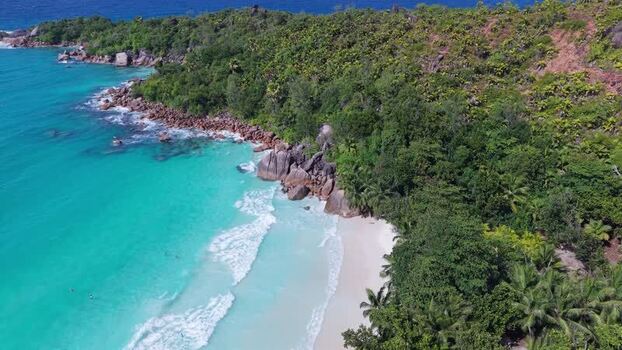 Aerial view of Anse Lazio beach in Baie Sainte Anne Seychelles.