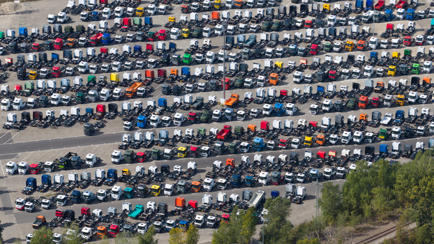Worth am Rhein Rheinland Pfalz Germany 19 September 2026 Aerial view of the Mercedes Benz Werk Worth logistics yard filled with rows of parked trucks at the industrial facility.