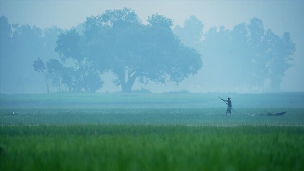 View of a fisherman in a boat on a misty river in Bogura Bangladesh.