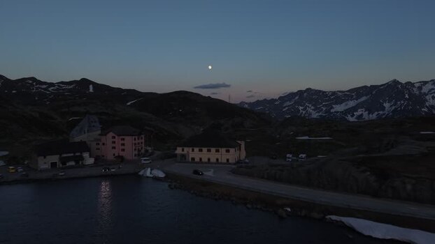 Aerial view of Hotel Passo San Gottardo at dusk Switzerland. Aerial view of Hotel Passo San Gottardo at dusk Switzerland.