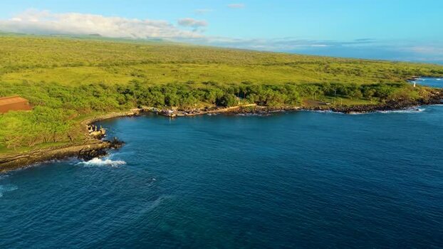 Aerial view of Mahukona Beach Park and the rugged coastline United States.