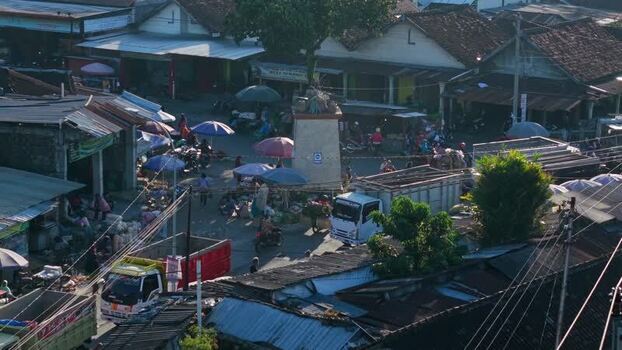 Aerial view of a busy local market in Kemalang Indonesia.