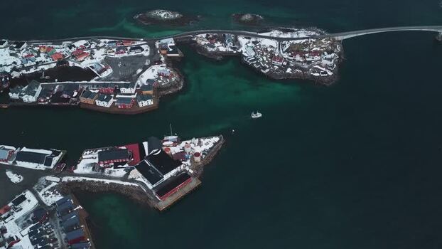 Aerial view of Henningsv&aelig;r with boat Norway.