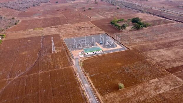 Aerial view of electrical substation in rural landscape Kenya.