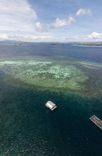 Aerial view of a small house on stilts surrounded by vibrant coral reefs and clear turquoise waters near Kanawa Island in Kecamatan Komodo Nusa Tenggara Timur Indonesia. Aerial view of a small house on stilts surrounded by vibrant coral reefs and clear turquoise waters near Kanawa Island in Kecamatan Komodo Nusa Tenggara Timur Indonesia.