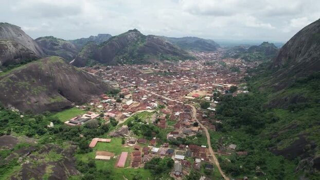 Aerial view of Idanre Hills and town in Nigeria.