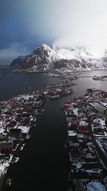 Aerial view of Henningsv&aelig;r and mountains Norway.