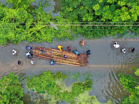 Banshkhali Upazila Chittagong Division Bangladesh 10 July 2026 Aerial view of people wading through floodwaters on a submerged road while transporting a large bundle of bamboo. Banshkhali Upazila Chittagong Division Bangladesh 10 July 2026 Aerial view of people wading through floodwaters on a submerged road while transporting a large bundle of bamboo.