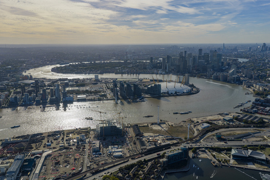 Aerial view of the O2 Arena formerly known as the Millennium Dome situated on the Greenwich Peninsula along the River Thames in London England United Kingdom.