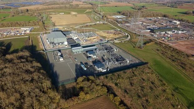 Aerial view of National Grid Bramford Substation United Kingdom. Aerial view of National Grid Bramford Substation United Kingdom.