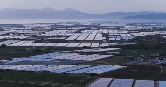 Aerial view of agricultural greenhouses in Capaccio Italy.