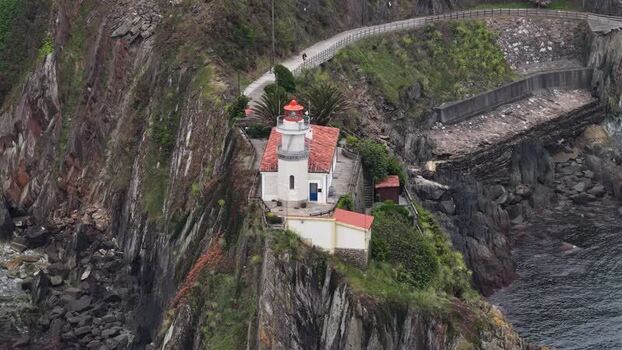 Aerial view of the Faro de Cudillero lighthouse on a rocky cliff Spain. Aerial view of the Faro de Cudillero lighthouse on a rocky cliff Spain.