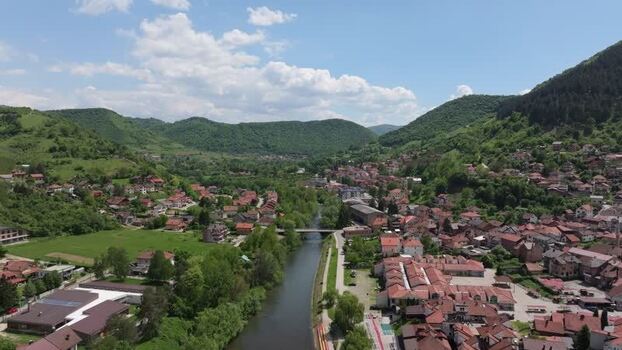 Aerial view of Visoko town and river Bosnia and Herzegovina. Aerial view of Visoko town and river Bosnia and Herzegovina.