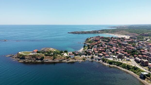 Aerial view of the coastal town and headland in Varna Bulgaria. Aerial view of the coastal town and headland in Varna Bulgaria.