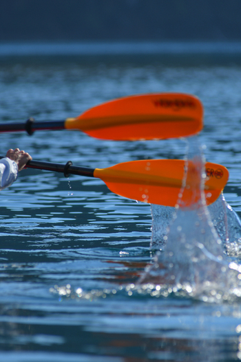 View of orange kayak paddles splashing into the clear blue waters of Nahuel Huapi Lake San Carlos de Bariloche Rio Negro Argentina. View of orange kayak paddles splashing into the clear blue waters of Nahuel Huapi Lake San Carlos de Bariloche Rio Negro Argentina.
