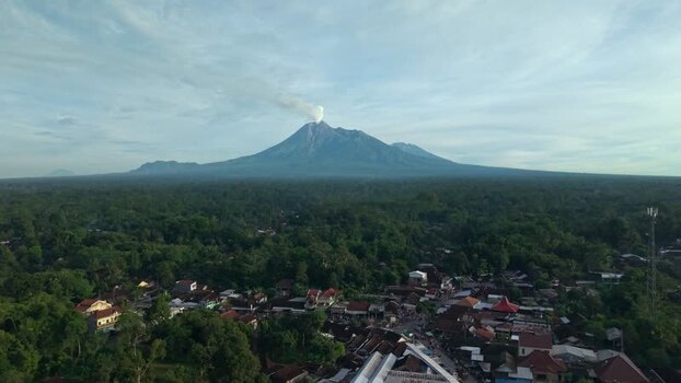 Aerial view of Mount Merapi volcano and Kemalang village Indonesia.