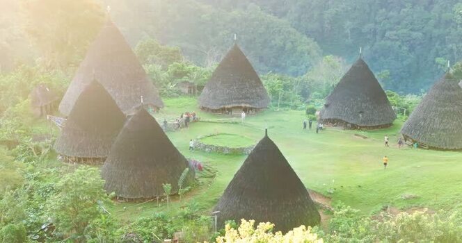 Aerial view of Waerebo Village traditional houses Indonesia.