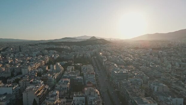 Aerial view of the Athens city skyline at sunset Greece.
