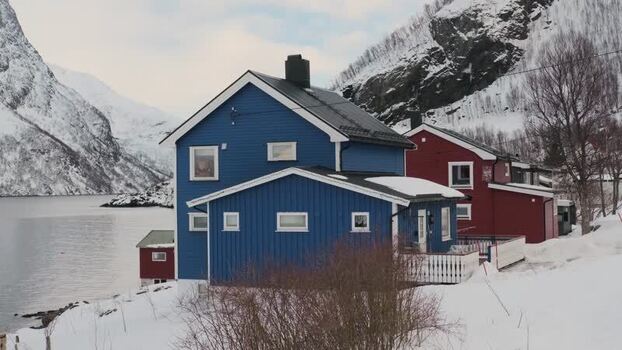 View of blue and red houses Norway.
