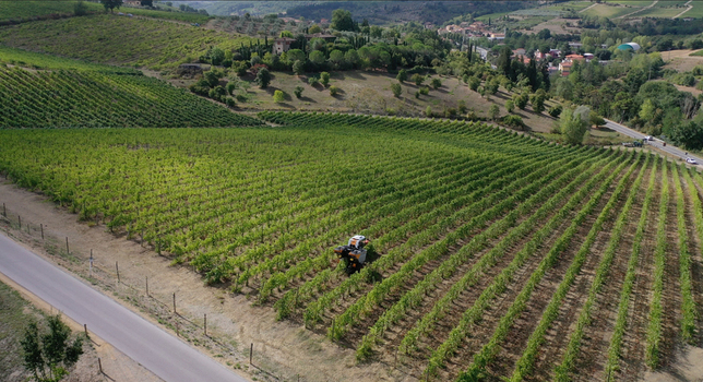 Aerial view of a grape harvester machine working in lush green vineyard rows on rolling hills Greve in Chianti Tuscany Italy. Aerial view of a grape harvester machine working in lush green vineyard rows on rolling hills Greve in Chianti Tuscany Italy.