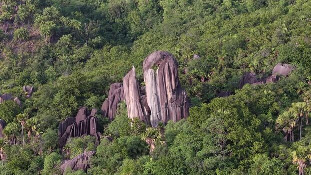Aerial view of granite rock formations in Praslin Seychelles.