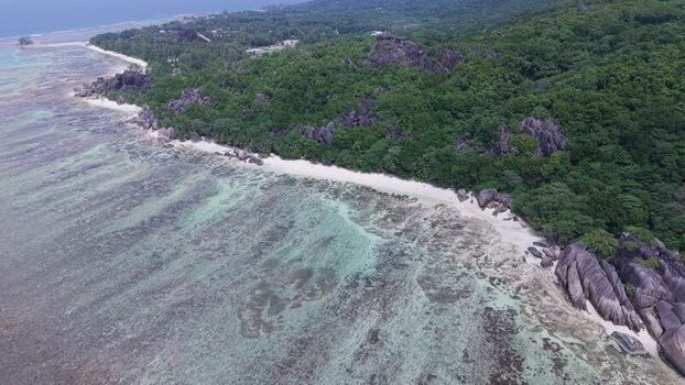 Aerial view of Anse Reunion beach in Seychelles.