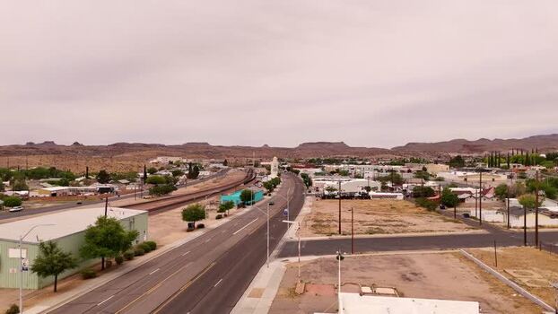 Aerial view of the town streets and desert hills United States.