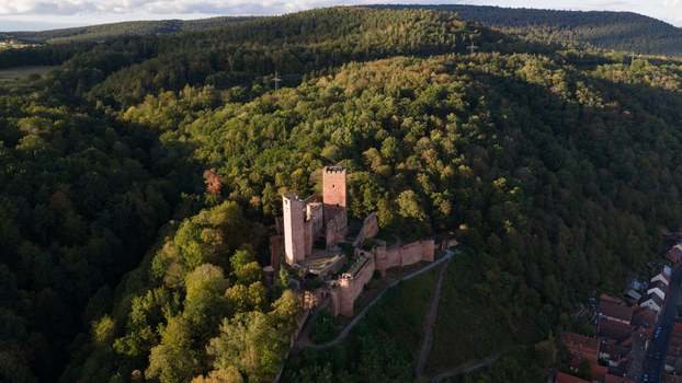 Aerial view of the historic Henneburg castle ruins with red sandstone walls nestled in a dense forest on a hillside in Stadtprozelten Bayern Germany.