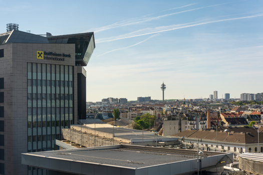Wien Austria 25 April 2026 Aerial view of the Raiffeisen Bank International building and the urban skyline under a clear blue sky. Wien Austria 25 April 2026 Aerial view of the Raiffeisen Bank International building and the urban skyline under a clear blue sky.
