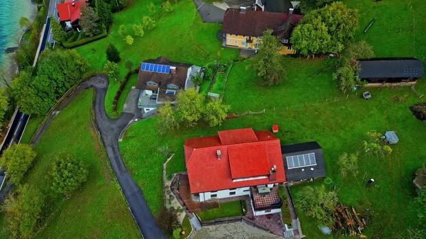 Aerial view of Attersee lake and houses in Austria.