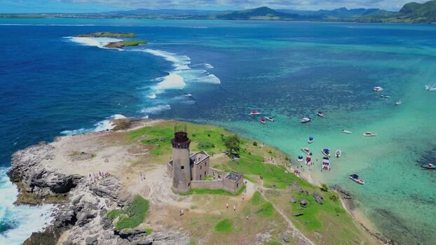 Aerial view of lighthouse on Ile aux Cerfs Mauritius.