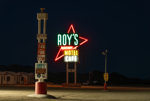 Amboy United States 07 April 2026 View of Roy s Motel and Cafe sign glows against the desert dusk casting a vibrant neon spectacle over the historic Route 66. Amboy United States 07 April 2026 View of Roy s Motel and Cafe sign glows against the desert dusk casting a vibrant neon spectacle over the historic Route 66.