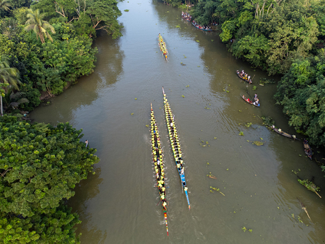 Aerial view of long slender boats race through the muddy river lined by dense green trees reflecting the day s golden sunlight Gopalganj Dhaka Division Bangladesh. Aerial view of long slender boats race through the muddy river lined by dense green trees reflecting the day s golden sunlight Gopalganj Dhaka Division Bangladesh.