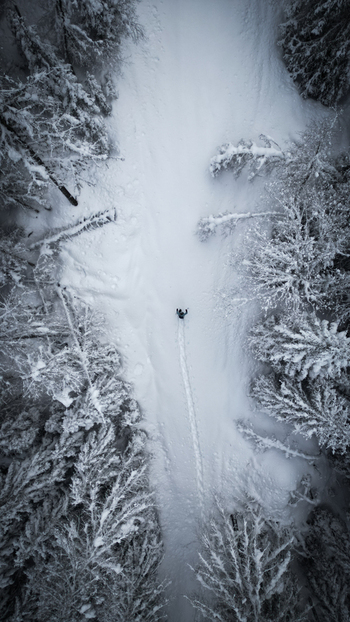Aerial view of a solitary figure trekking a pristine path amidst snow laden pines a tranquil winter scene unfolds Grimentz Valais Switzerland.