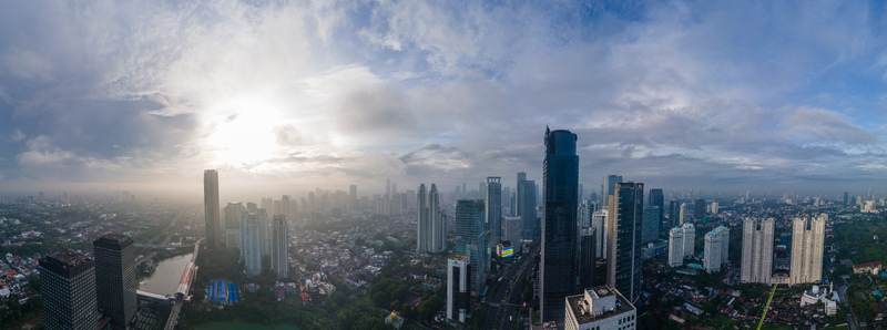 South Jakarta Indonesia 10 January 2026 Aerial view of the Jakarta skyline featuring modern skyscrapers and urban sprawl under a hazy morning sky. South Jakarta Indonesia 10 January 2026 Aerial view of the Jakarta skyline featuring modern skyscrapers and urban sprawl under a hazy morning sky.